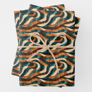 Teal / Orange / Brown Abstract Swirling Lines Wrapping Paper Sheet