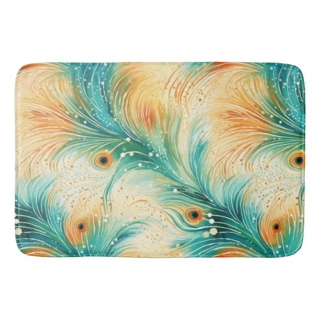 Teal Orange Cream Peacock Feathers Bath Mat (Front)