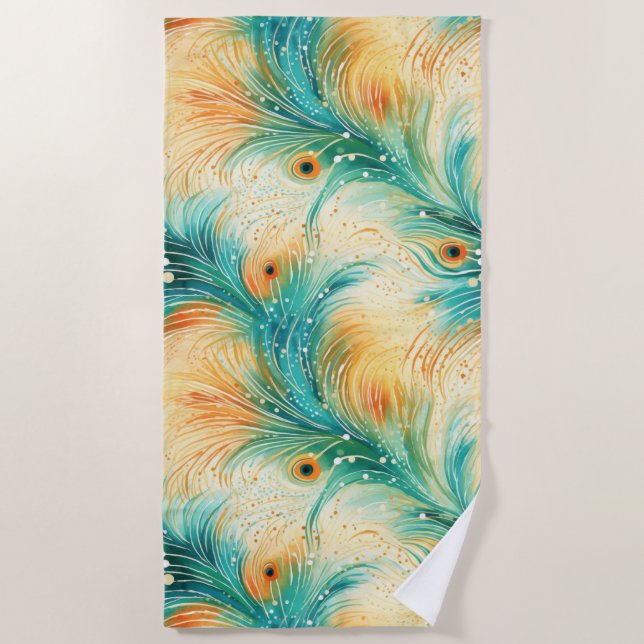 Teal Orange Cream Peacock Feathers Beach Towel (Front)