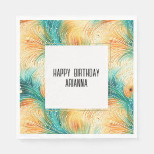Teal Orange Cream Peacock  Feathers Napkin