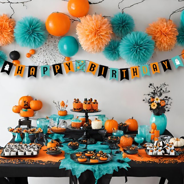 Teal & Orange Cute Ghost Halloween Candy Birthday Bunting (Creator Uploaded)