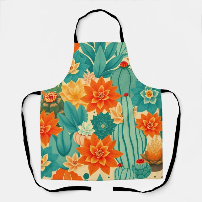 Teal Orange Desert Cactus Bloom Apron (Front)
