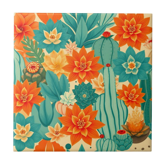 Teal Orange Desert Cactus Bloom Ceramic Tile (Front)