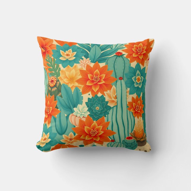 Teal Orange Desert Cactus Bloom Cushion (Front)
