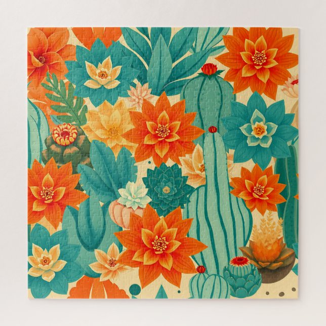 Teal Orange Desert Cactus Bloom Jigsaw Puzzle (Vertical)