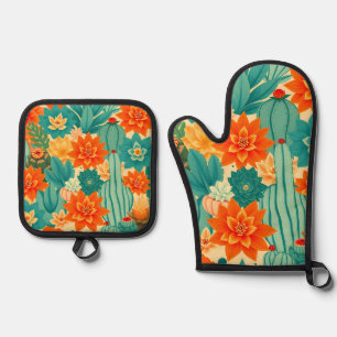 Teal Orange Desert Cactus Bloom Oven Mitt & Pot Holder Set