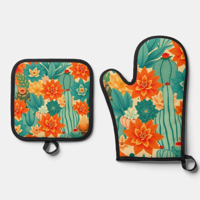 Teal Orange Desert Cactus Bloom Oven Mitt & Pot Holder Set (Front)