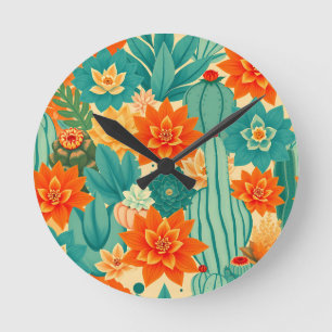 Teal Orange Desert Cactus Bloom Round Clock