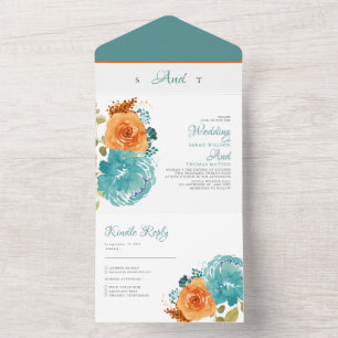 Teal Orange Fall  Floral Terracotta Boho Wedding  All In One Invitation
