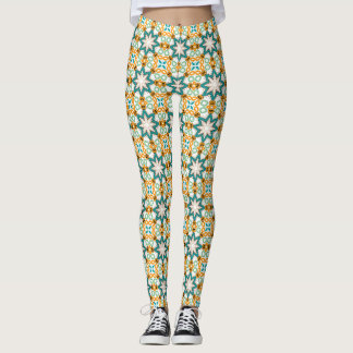Teal Orange Floral Geometric Pattern Leggings