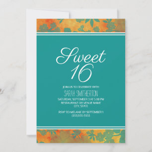 Teal Orange Floral Sweet 16 Girls Invitation
