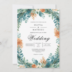 Teal Orange Floral Wreath Wedding Invitation