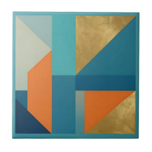 Teal Orange Gold Geometric Abstract Ceramic Tile