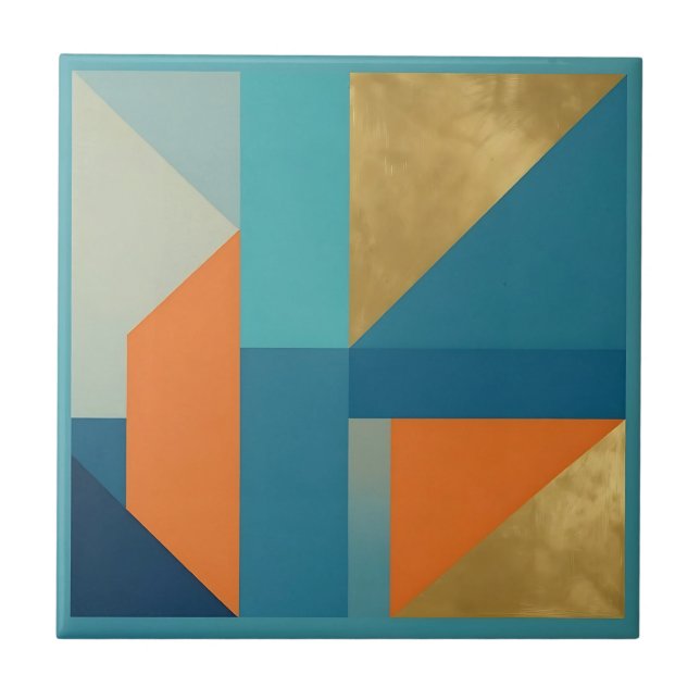 Teal Orange Gold Geometric Abstract Ceramic Tile (Front)