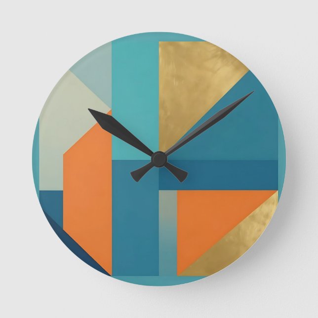 Teal Orange Gold Geometric Abstract Round Clock (Front)