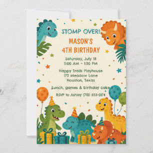 Teal Orange Green Dinosaur 4th Birthday Party  Invitation