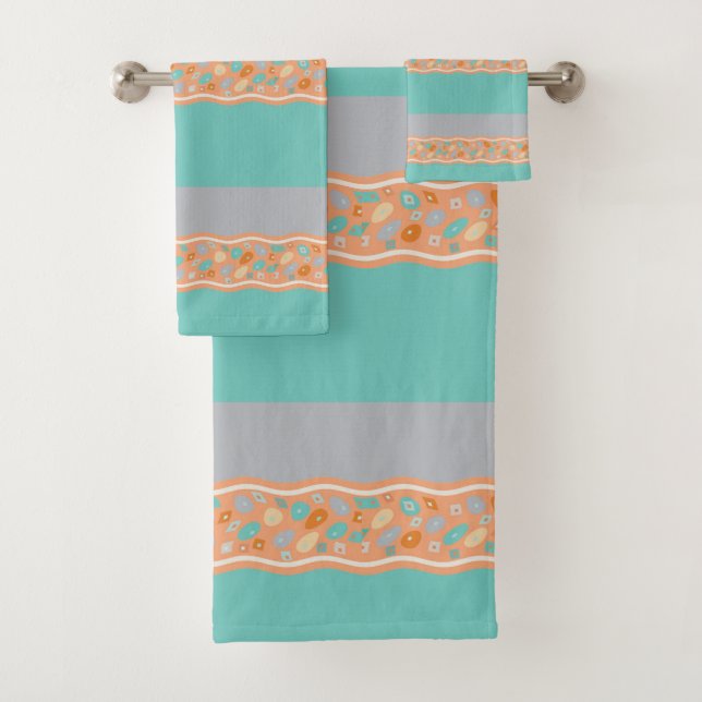 Teal, orange, grey towel set (Insitu)