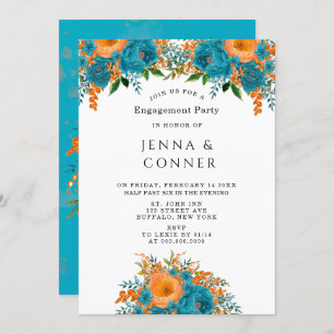 Teal Orange Painted Floral Engagement Party Invitation