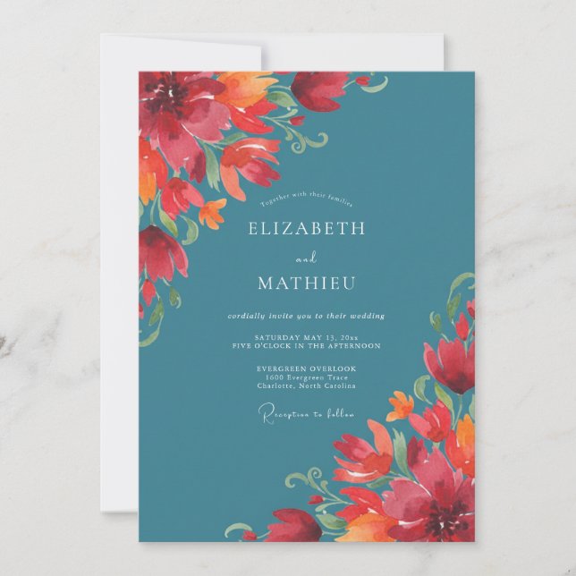 Teal Orange Poppy Wedding Invitation (Front)