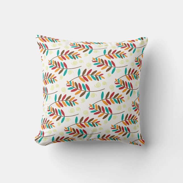 Teal, Orange, Red, Brown Fall Leaf Pattern Cushion (Front)