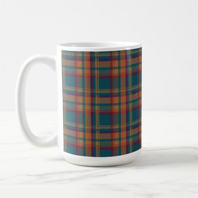 TEAL ORANGE RED FALL AUTUMN PLAID PATTERN COFFEE MUG (Left)