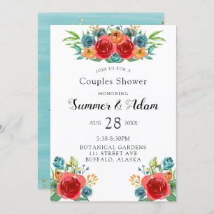 Teal Orange Red Florals Gold Couples Shower Invitation