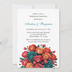 Teal Orange Red Peony Bouquet Wedding Shower Invitation