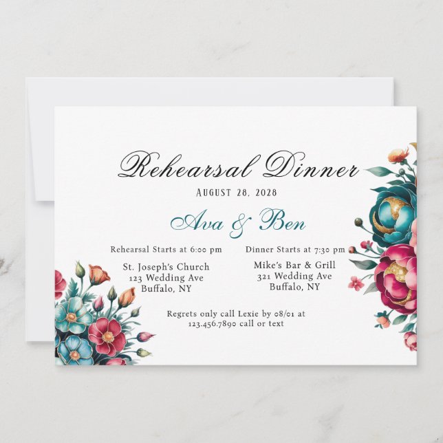 Teal Orange Red Peony Rehearsal Dinner Invitation (Front)
