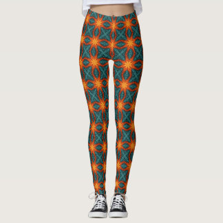 Teal Orange Retro Geometric Floral Pattern Leggings