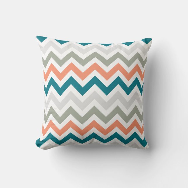Teal Orange Sage Grey Chevron Zigzag Pattern Cushion (Front)