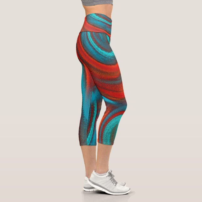 Teal Orange Swirling Abstract Modern Pattern Capri Leggings (Right)