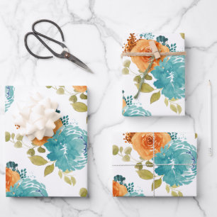 Teal Orange Terracotta Boho Floral Wrapping Paper Sheet