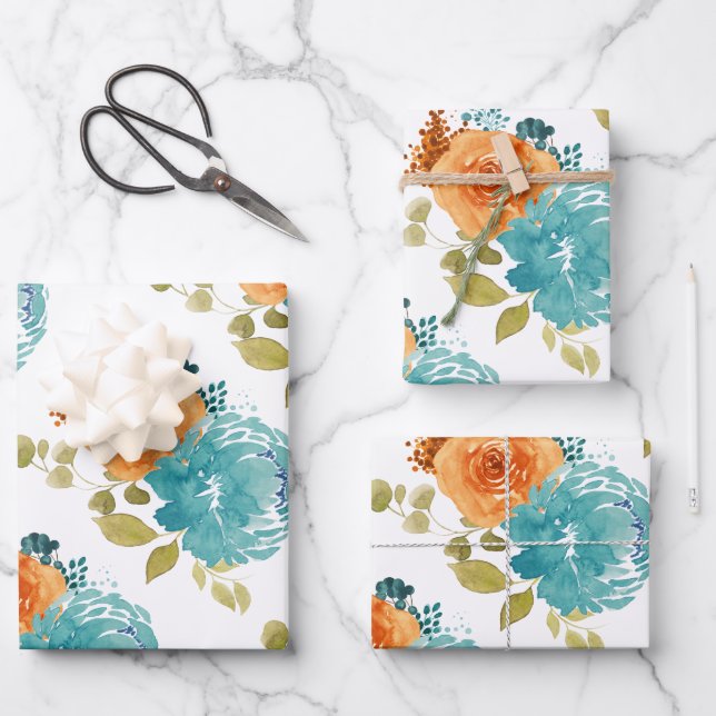 Teal Orange Terracotta Boho Floral  Wrapping Paper Sheet (Front)