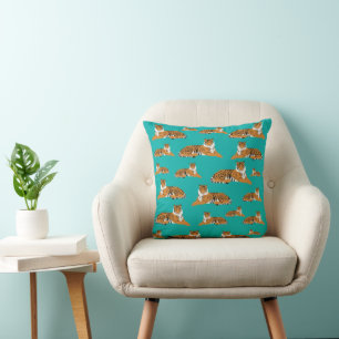 Teal Orange Tiger Animal Pattern Cushion