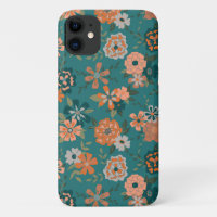 Teal Orange Trendy Floral Vine Flower Pattern