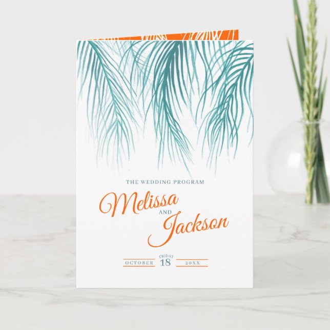 Teal orange tropical palms watercolor art wedding program (Front)