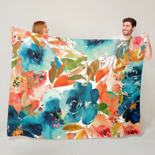 Teal Orange Watercolor Floral Leaves Fleece Blanket