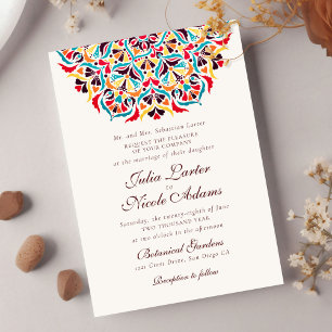 Teal Orange Whimsical Floral Mandala Wedding Invitation