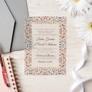 Teal Orange Whimsical Floral Mandala Wedding Vellum Invitations