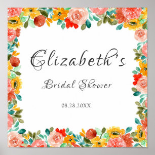 Teal Orange Yellow Painted Peony Bridal Shower Poster