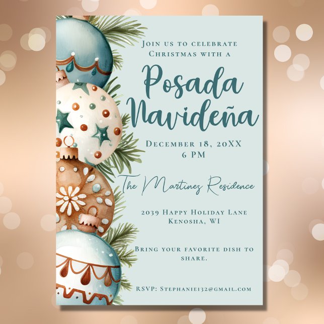 Teal Ornament Festive Mexican Posada Navideña Invitation (Creator Uploaded)