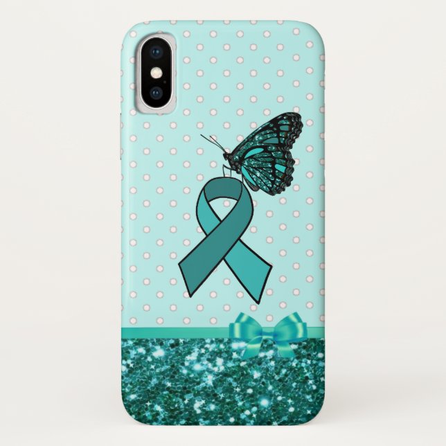 Teal Ovarian Cancer Awareness Ribbon & Butterfly Case-Mate iPhone Case (Back)