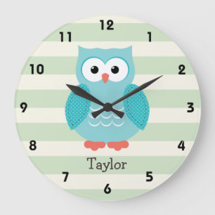 Teal Owl on Pastel Green Stripes Large Clock