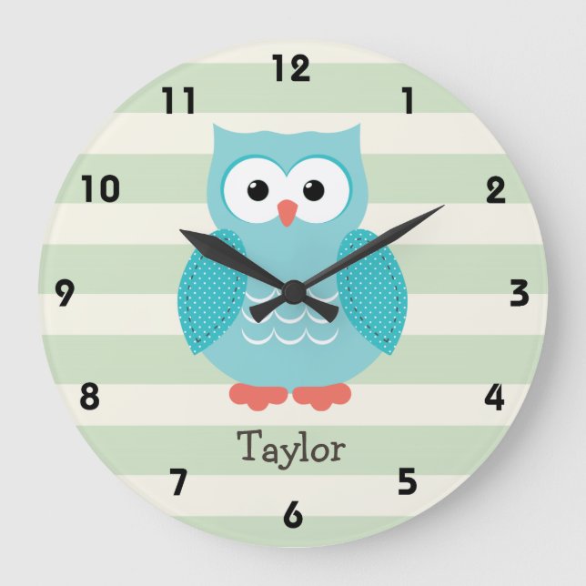 Teal Owl on Pastel Green Stripes Large Clock (Front)