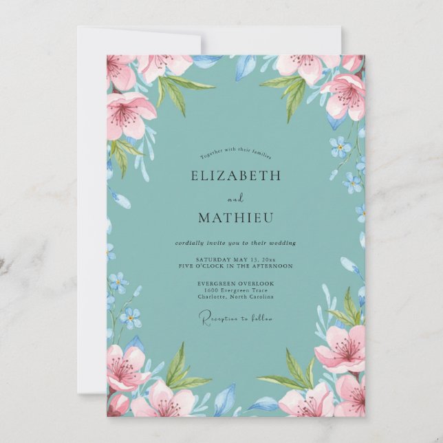 Teal Painted Foliage Wedding Invitation (Front)