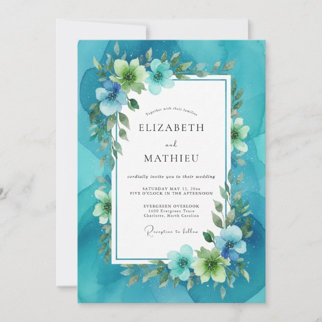 Teal Painted Leafy Wedding Invitation (Front)