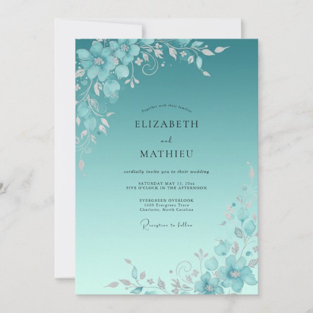 Teal Painted Petal Wedding Invitation (Front)