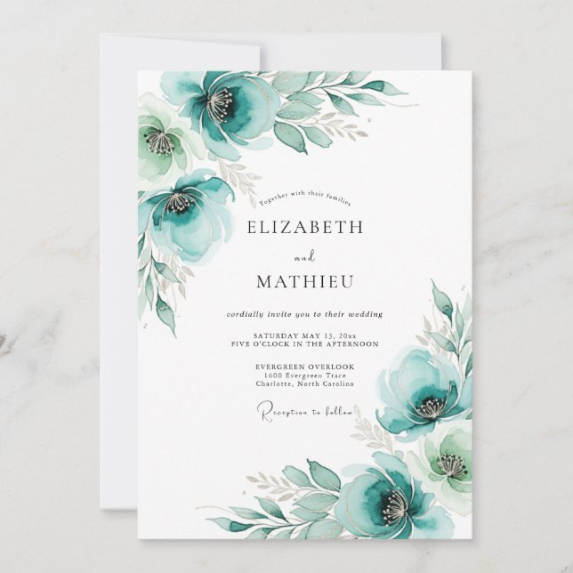 Teal Painterly Floral Wedding Invitation (Front)