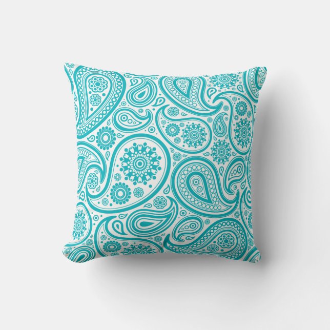 Teal Paisley Floral Pattern Pillow (Front)