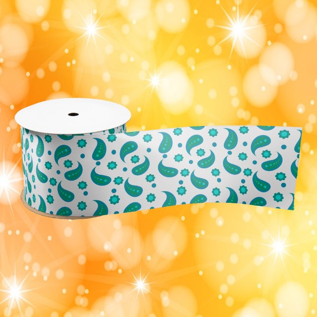 Teal Paisley Floral Pattern  Satin Ribbon (Ribbon with a pretty paisley floral boho pattern in green and blue.)